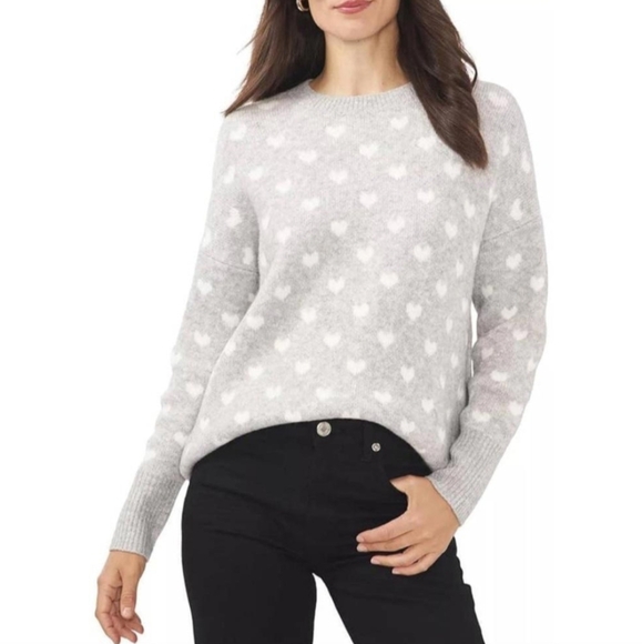 Vince Camuto Women's Gray Heart Print Crew Neck Soft Pullover Sweater NWT Size M - Picture 2 of 7
